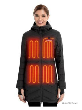 Women's Long Heated Down Jacket Puffer Coat with Battery, 5 Heating Zones,